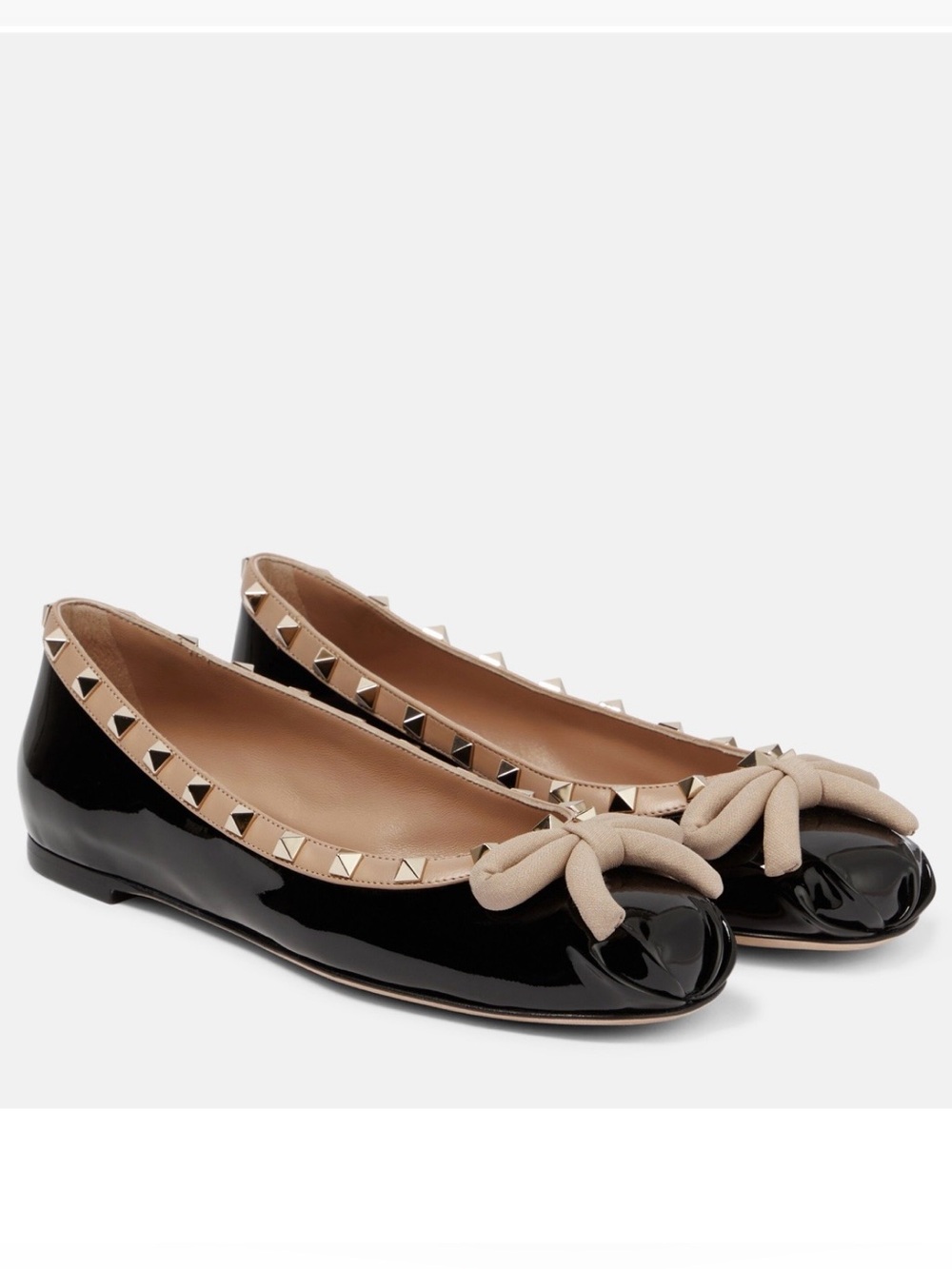 VALENTINO GARAVANI ROCKSTUD BLACK PAT. LEATHER BALLET FLATS STUDS BOW SZ 40.5